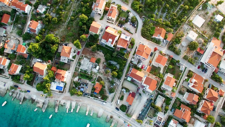 Drone view of a tropical beach community
