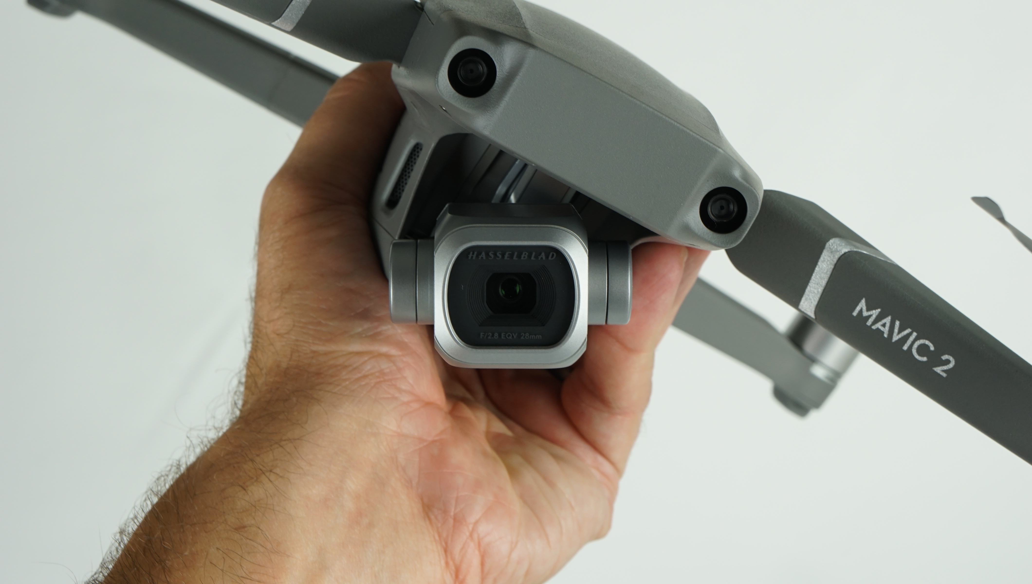 DJI Mavic 2 held in hand to show gimbal range.